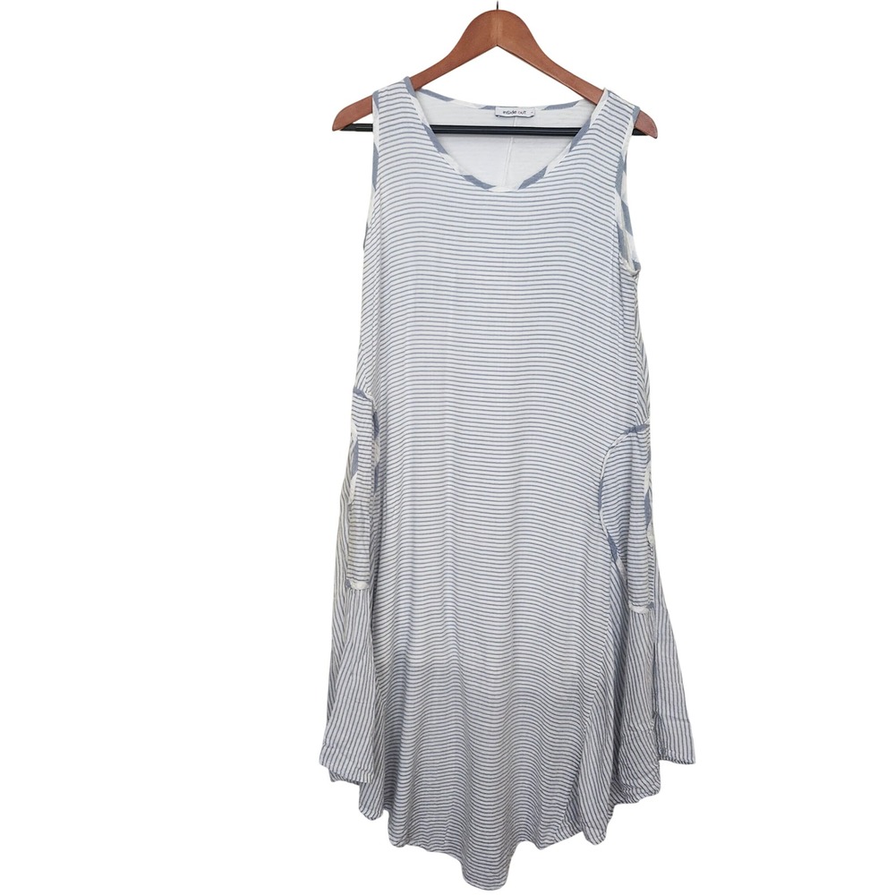 Inside Out Dress Large Blue White Pinstripe Lagenlook Sleeveless Midi Hankie Hem